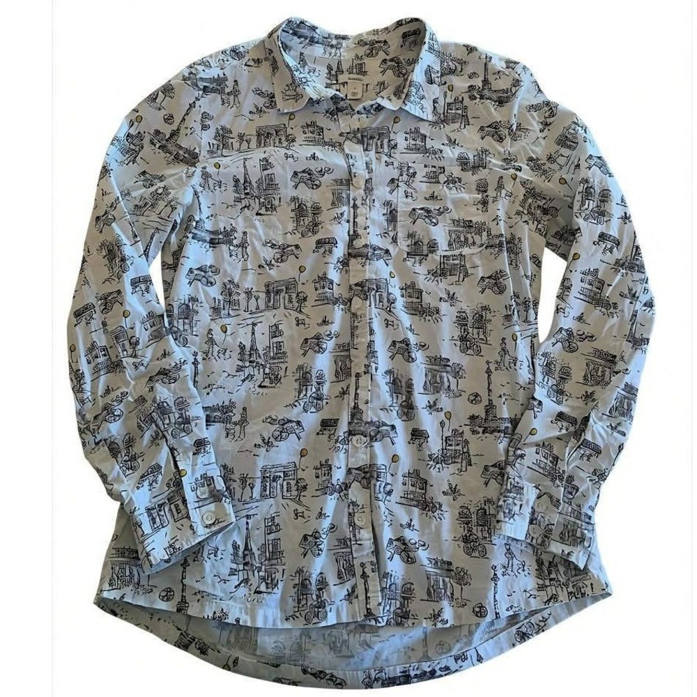 Caslon Button Down Shirt Small White Paris Print Long Sleeve Cotton Travel
